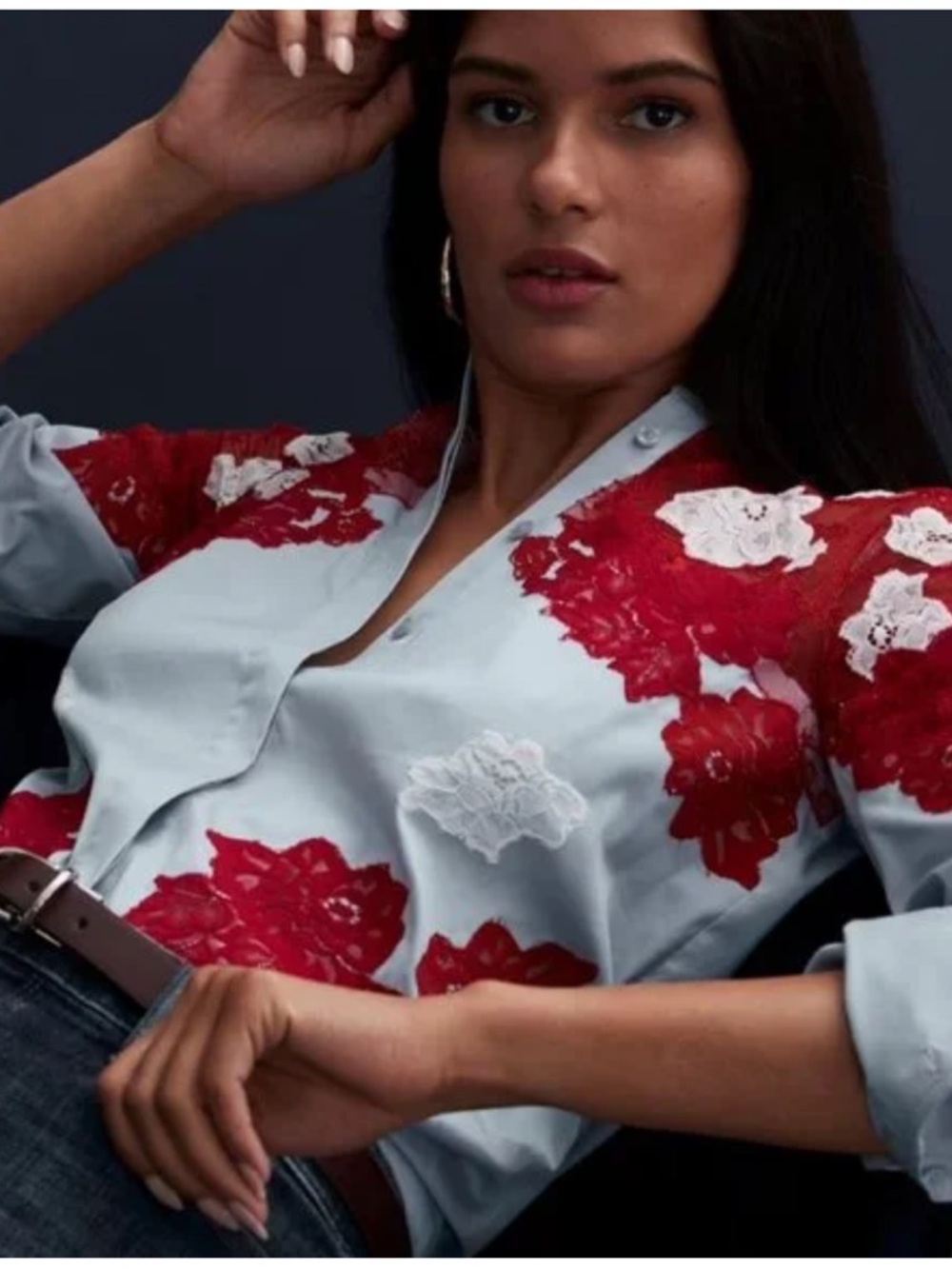 NWT white house black market lace applique Red Lace poplin blouse Size 12